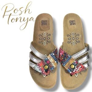 Muk Luks Multicolor Boho Sequin Slide Sandals Size 10 Comfort Footbed